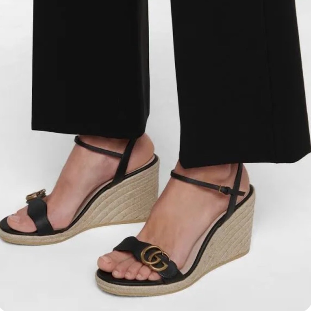 Gucci GG Marmont Aitana Wedge Espadrille Sandals Black Leather and Jute Size 41